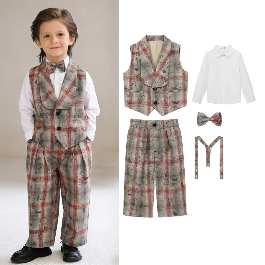 Boys Vintage Plaid Formal Suit Set Kids Gentleman Waistcoat Pants Bowtie Outfit Wedding Ring Bearer Birthday Party Photography