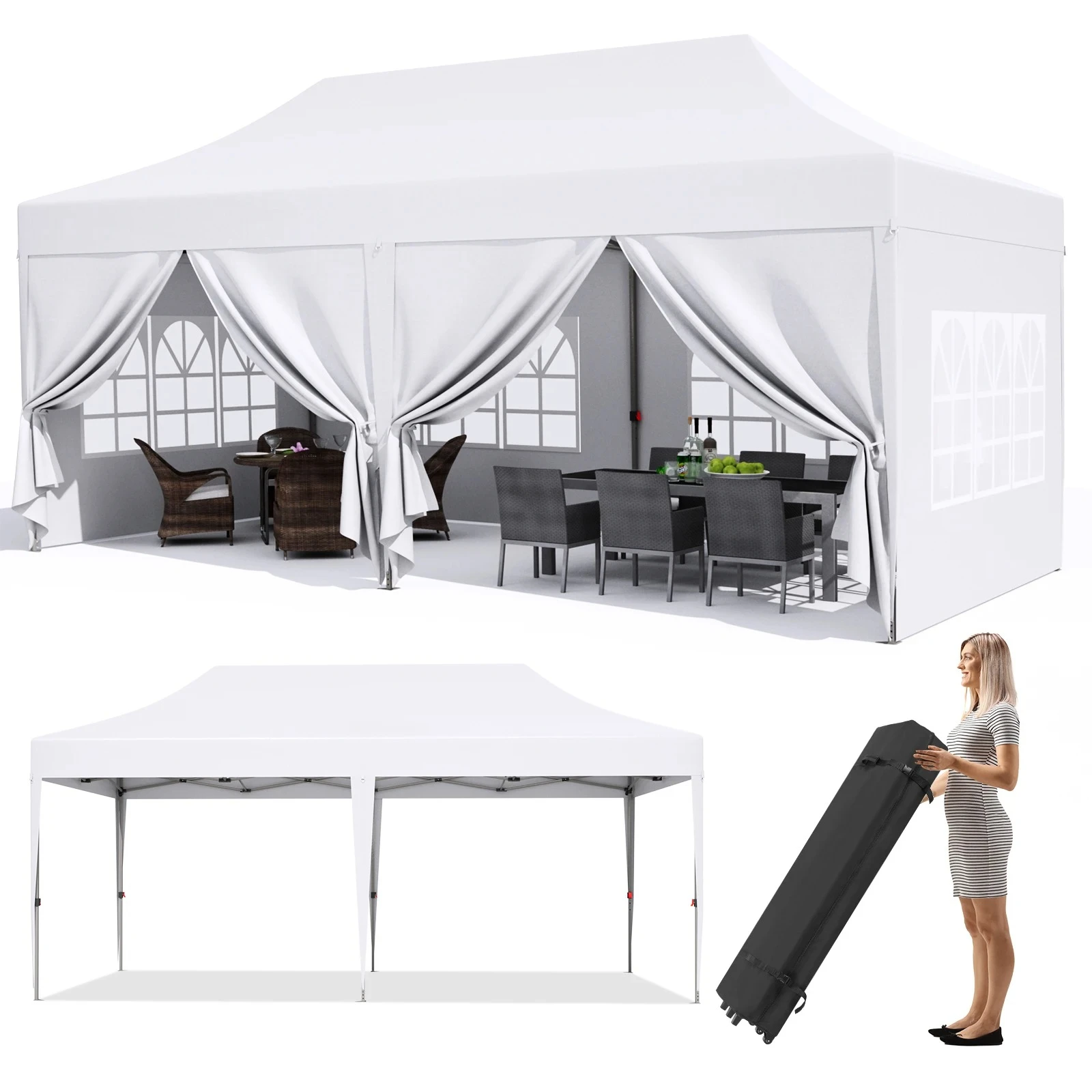 Gazebo Awning 3x6m Waterproof Folding Carport Tent Outdoor Party Event Tent with 6 Removable Sidewalls 9.84 ft X 19.69 ft