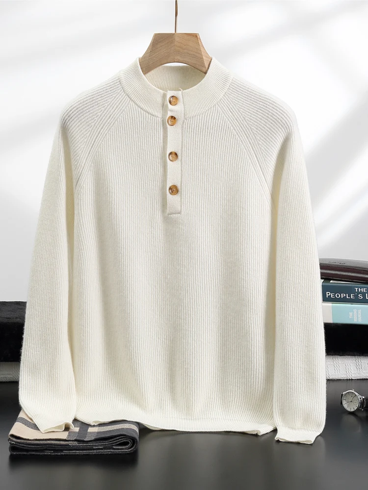 MEETCC Autumn Winter Men 100% Cashmere Pullover Autumn Winter Soft Warm O Neck Sweater Luxury Cashmere Buttoned Knitwear Tops