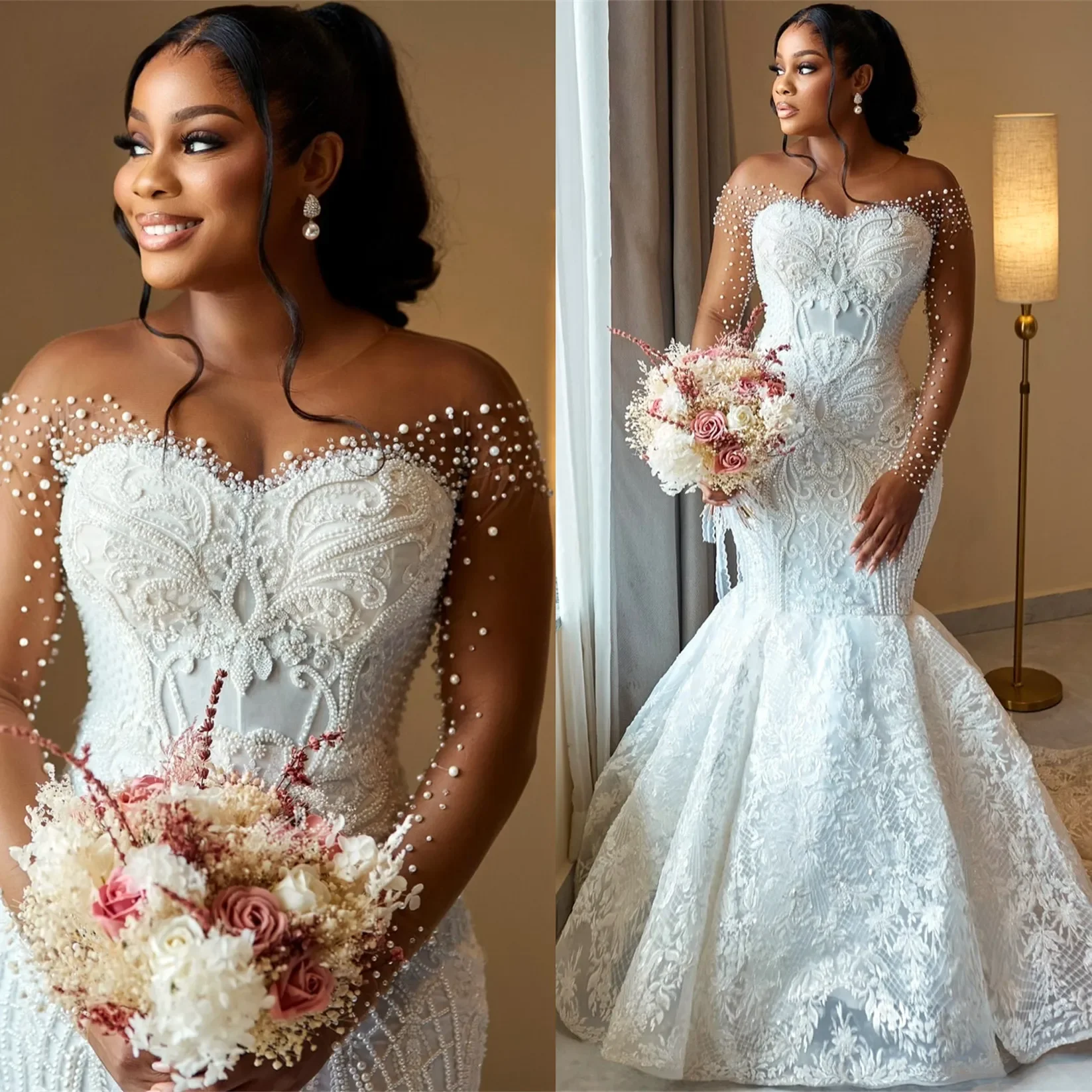 

Luxury Off Shoulder Appliques Lace Pearls Beading Bride Wedding Dresses Mermaid Bridal Gowns Customized