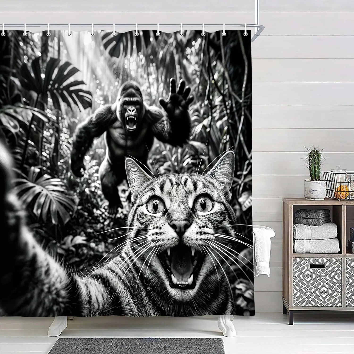Funny Cat Gorilla Jungle Shower Curtain, Black White Humorous Wild Animal Waterproof Bathroom Decor Curtain  With Hooks
