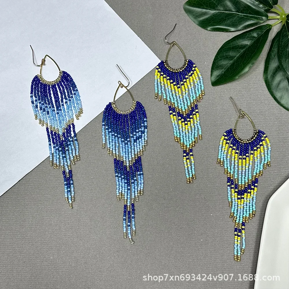 ZGMXR Rice bead earrings Tassel Geometry Hand weaving Alloy Woman Fashion Bohemia Simple Pattern Beaded earrings