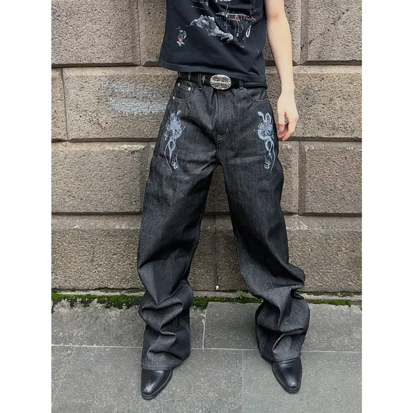 

Summer Men's Straight Leg Jeans Big Size 250 Pounds American Hip Hop Embroidery Elastic Black Long Pants Casual Loose Fit