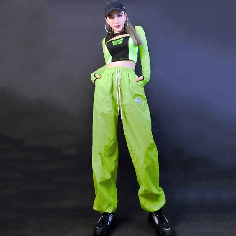 Women\'S Group Kpop Outfit Green Mesh Sleeved Top Cargo Pants Adults Jazz Dance Costume Hiphop Clothing Street Dance Wear SL8881