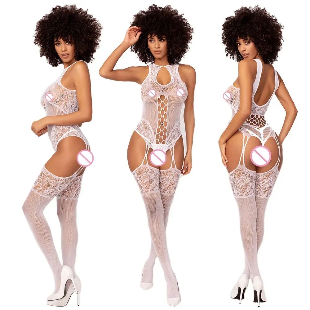 ملابس داخلية نسائية إباحية بوديستوكينج ملابس داخلية نسائية مثيرة شبكة صيد السمك حمالة صدر مفتوحة أزياء مثيرة جوارب طويلة بدلة شبكية ضيقة