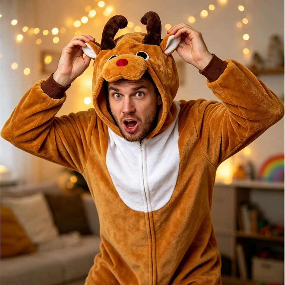 Onesie reindeer cartoon jumpsuit pajamas flannel animal shaped home clothes party cosplay role-playing clothes reindeer