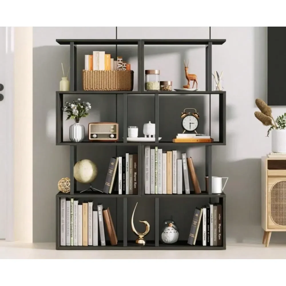

Geometric Bookshelf 5 Tier Bookcase, Industrial SShaped Display Storage Shelf For Small Space, Tall Metal Wood Decorative Stand