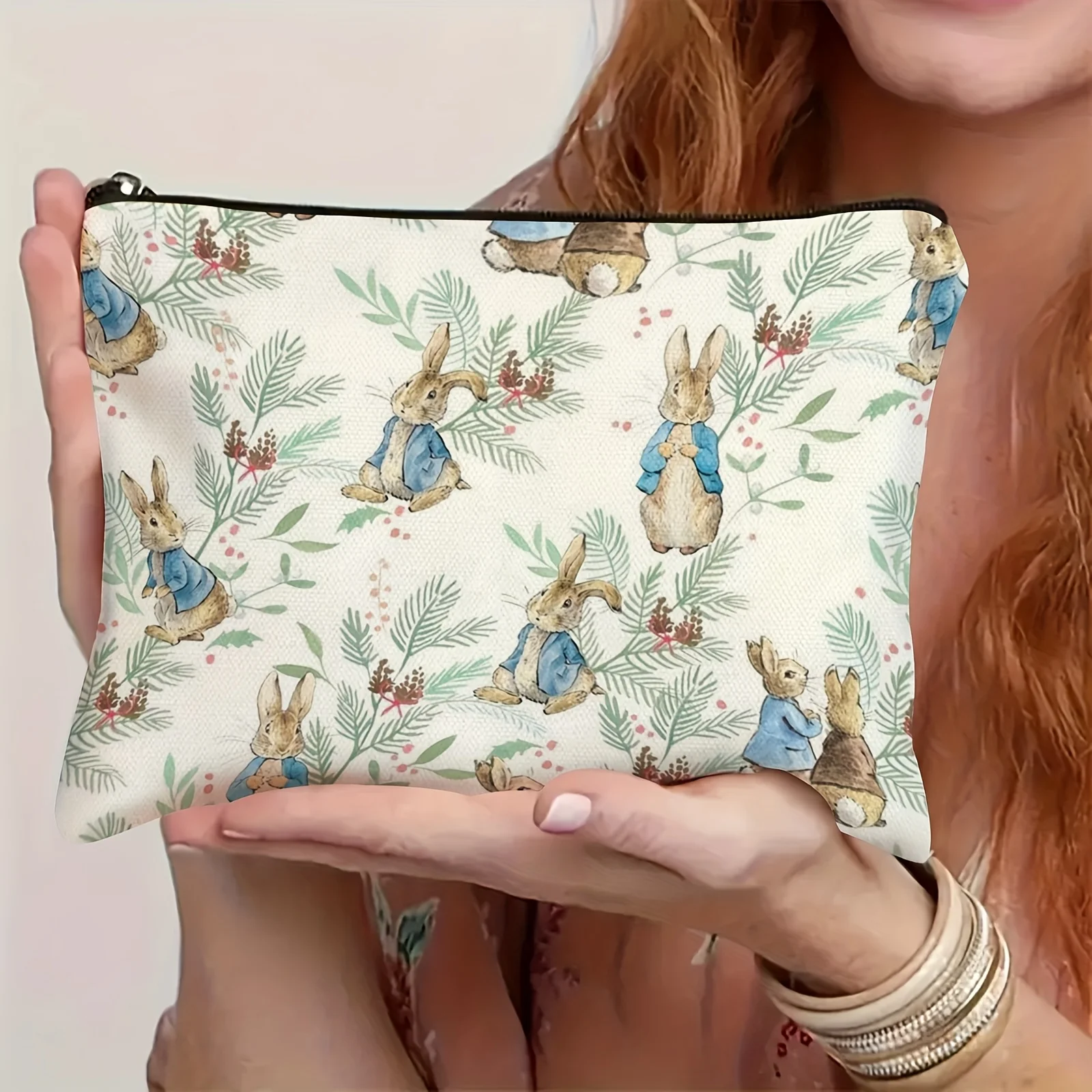 Cute Fairy Rabbit Theme Durable Fade Resistant Canvas Zipper Makeup Bag Fashion Gifts Sister Portable Makeup Bag Student Penc