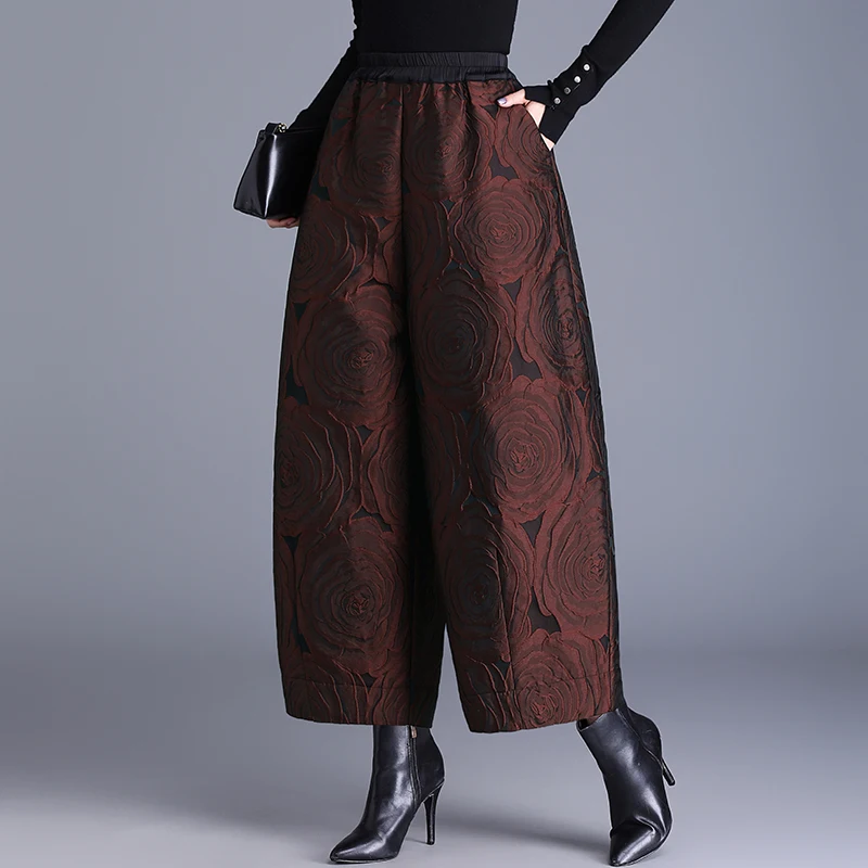 Pantaloni a gamba larga floreali Emed di fascia alta da donna Autunno Inverno Nuovi pantaloni di cotone caldo Sle Pantaloni a lanterna a nove punti Pantaloni per stivali...
