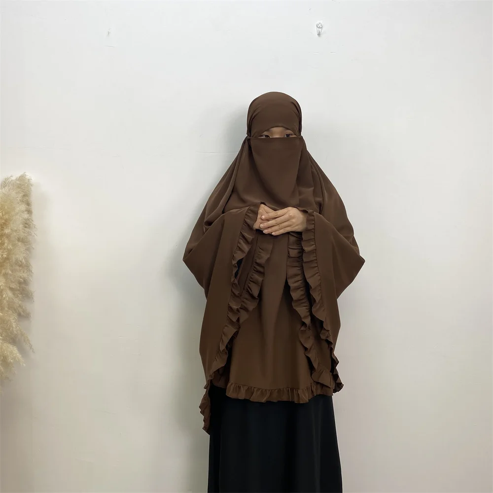 Layer Khimar Niqab Women Ruffle Edge Full Cover Hijab Nida Fabric Instant Muslim Prayer Headscarf Eid Ramadan Islamic Clothing