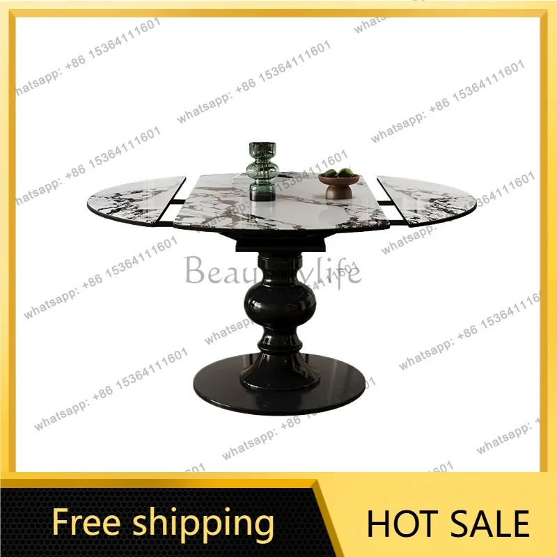 YJ French retro marble rotating dining table variable round table solid wood retractable dining table chair designer
