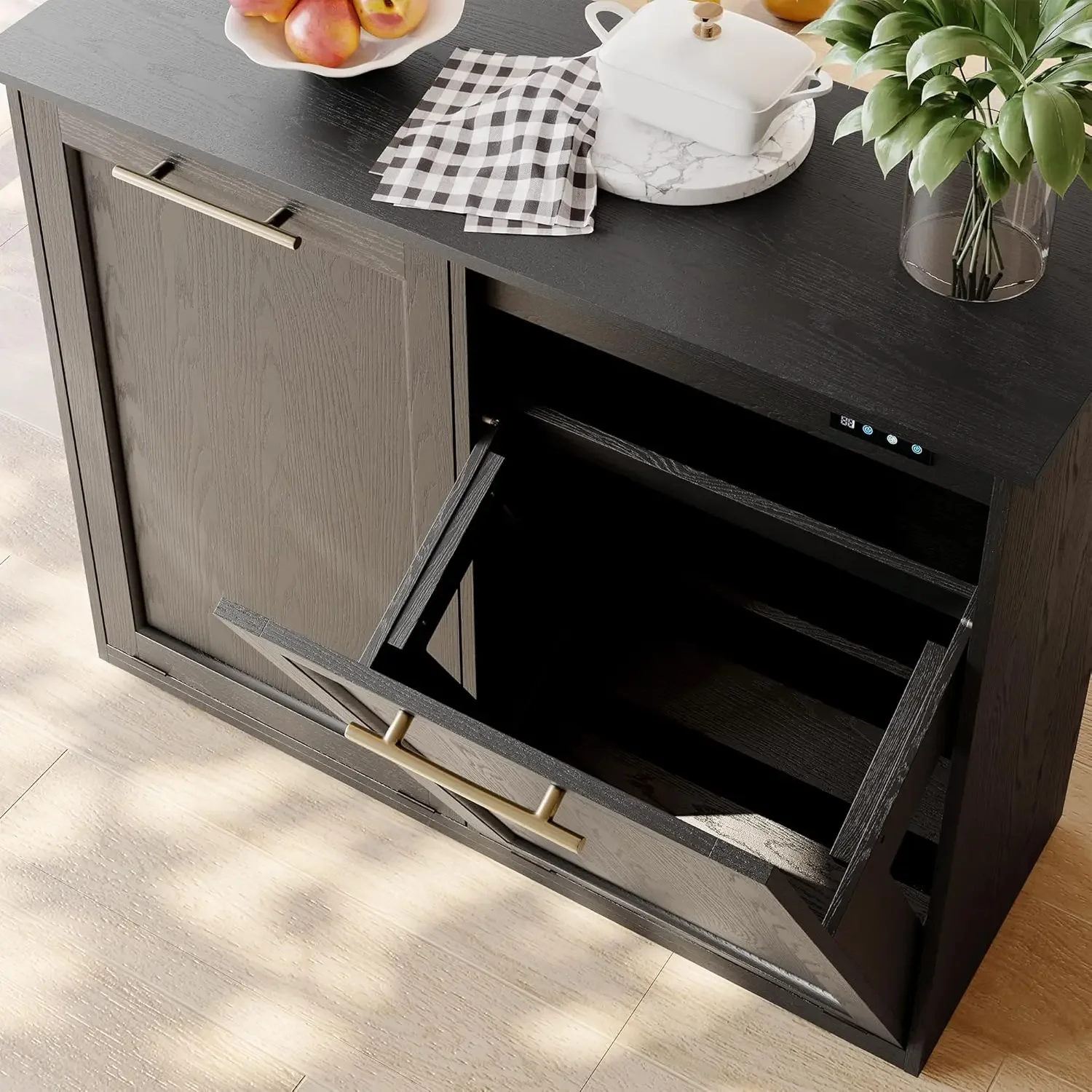 Trash Cabinet with Quick Installation and Deodorising Function, Wooden Trash Can Cabinet for Dining Room and Kitchen, Black