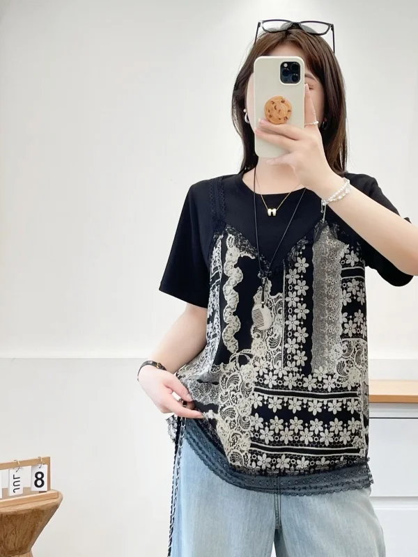 2026 New Summer Short Sleeve T-Shirt Large Size Black Floral Print Lace Splicing Belly Cover Anti-Aging Top Casual Style Poly...