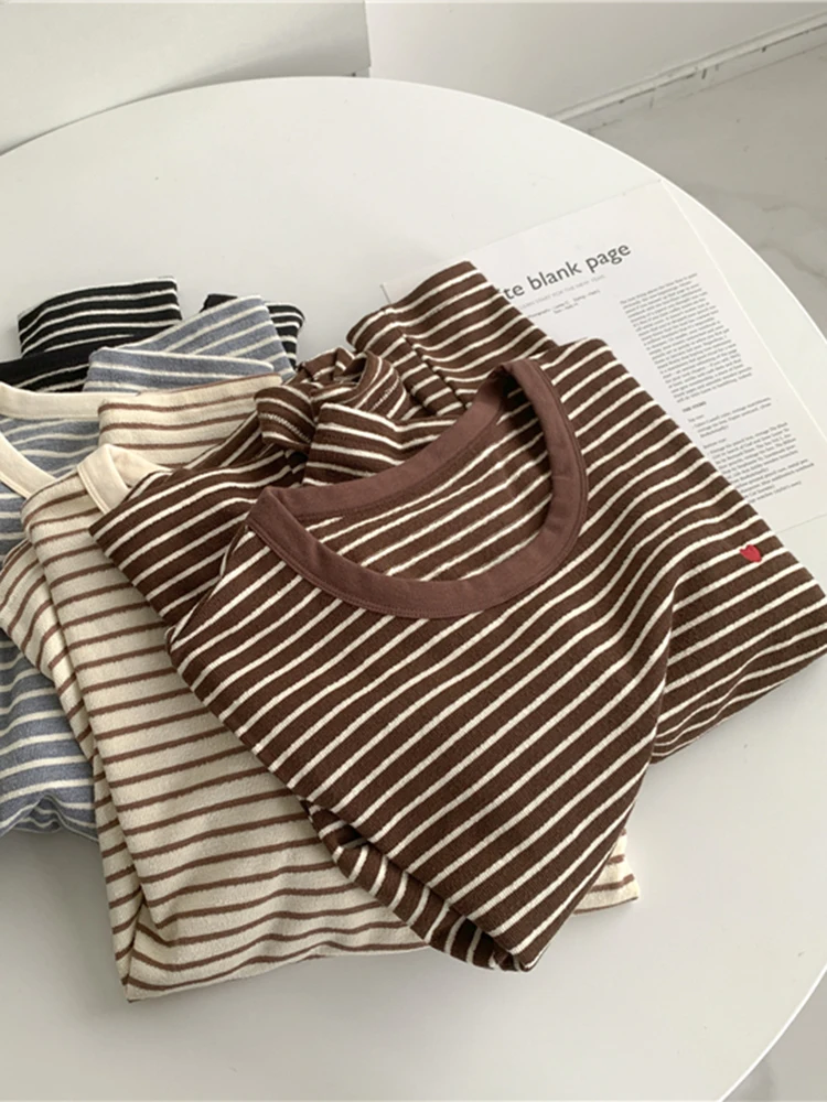 Jmprs Love Embroidery Striped Sweatshirt Women Casual O Neck Cute Pullovers Korean Fashion Loose Long Sleeve Sweet Elegant Tops