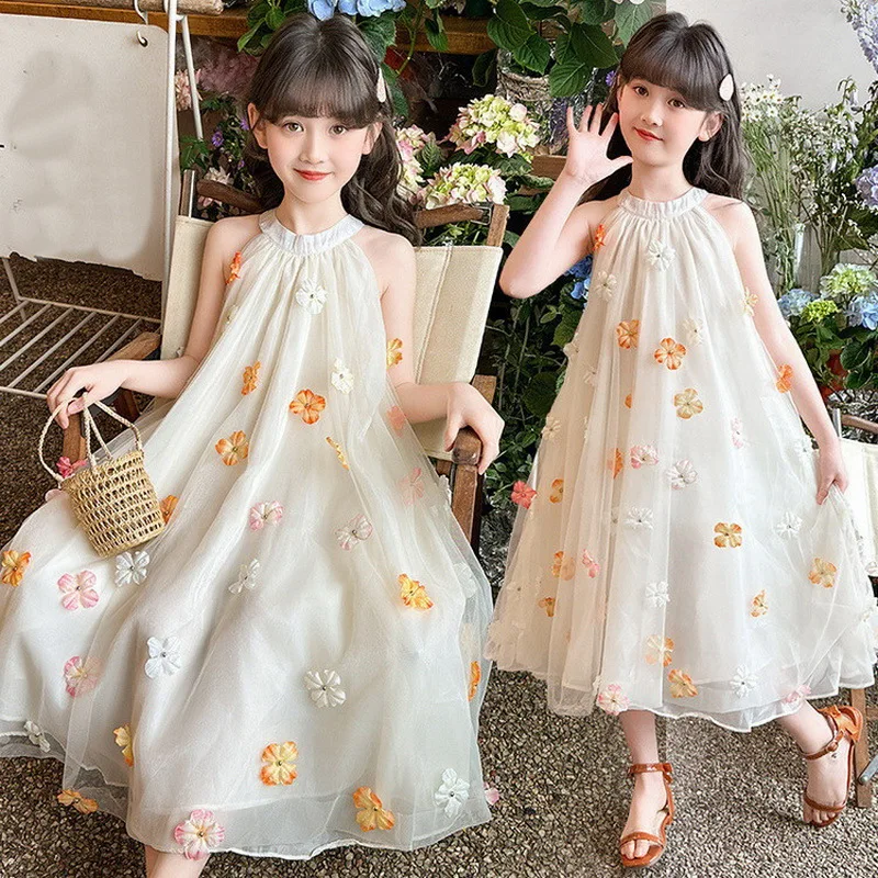 Girls Dress Children Sleeveless Sweet Mesh Dress Fashion Kids Three-dimensional Flower Lace Princess Dress 2026 Summer New ﻿