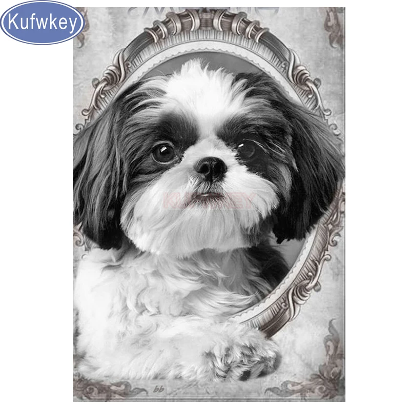 

5d diy diamond painting Shih Tzu dog pattern Cross Stitch square diamond mosaic animal pet embroidery black and white wall decor