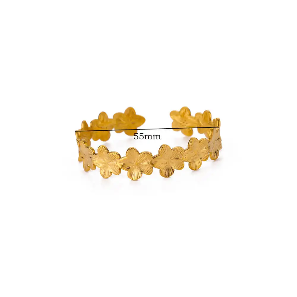 Vintage Goldfarbenes Blumen-Manschettenarmband für Damen, Edelstahl, offenes Blumenarmband, ästhetischer Schmuck, Partygeschenk – Detail 5
