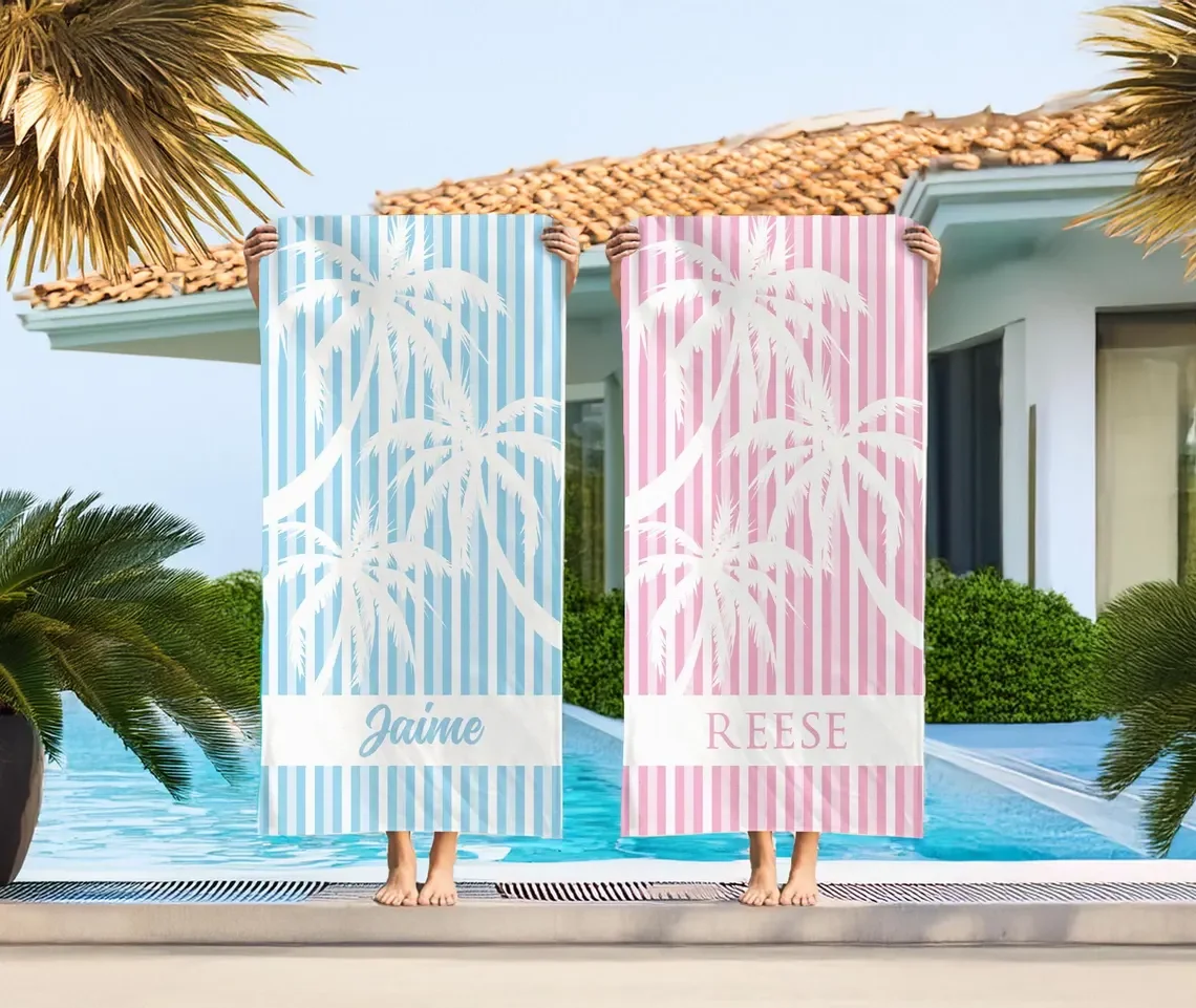 Personalisierte Strandtücher, Palme, gestreift, für Mädchen, Ausflug, individuelles Strandtuch mit Namen, Kinderbecken, Party-Handtuch, Familienurlaub – Detail 3