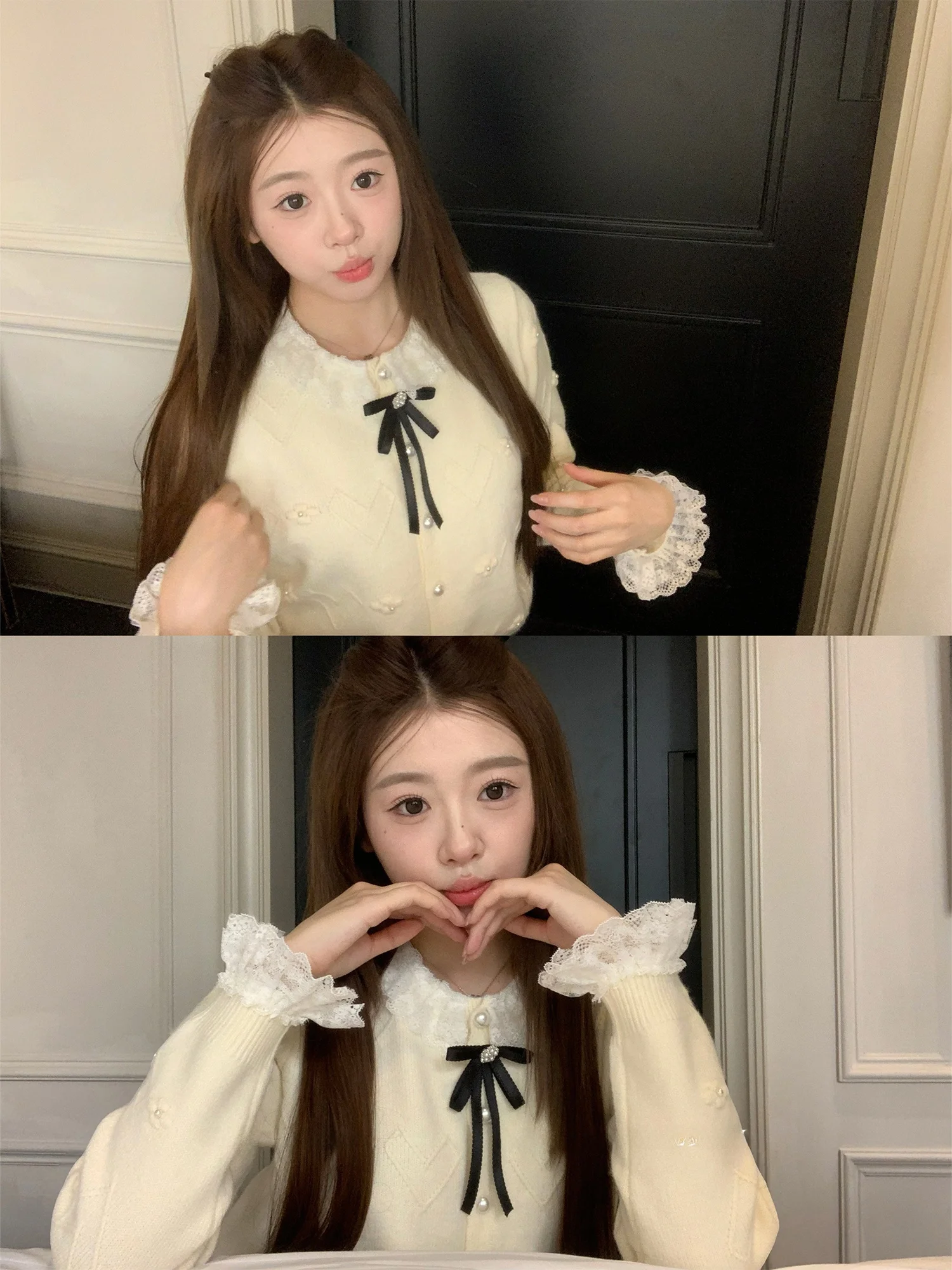 

OKJJ Sweet Miu Sle Aosphere Вязаный женский свитер с длинными рукавами и жемчугом, кардиган с кружевной отделкой, французский стиль для девушек