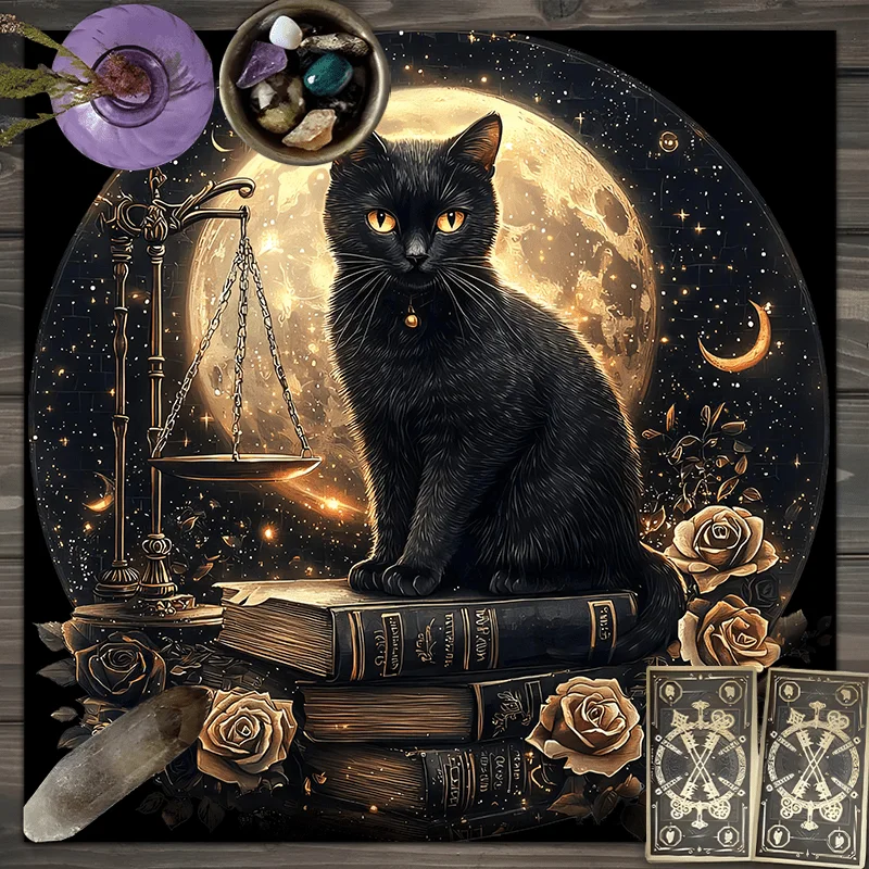 

VIKAMA Mysterious Black Cat Tablecloth Full Moon Tarot Star Moon Balance Living Room Altar Esoteric Decorations