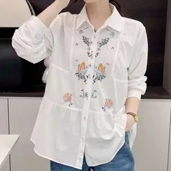 Women Embroidery Cotton White Shirt Full Sleeve Turn Down Collar Flowers Embroider Blouse Autumn Office Lady Work Wear