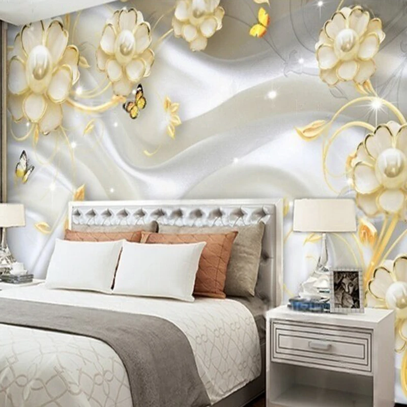 

Custom Wall Mural for Dining room Study Sofa Elegant Pearl Silk Texture with Floral and Butterfly Pattern - Wall Art Decoration