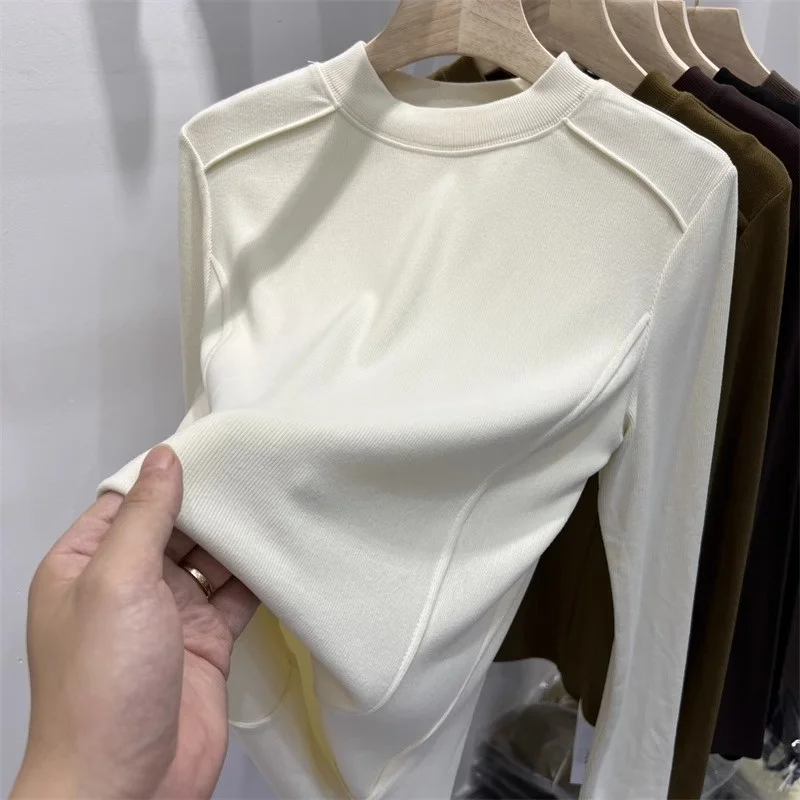 Elegant Long Sleeve Fleece Brushed T-Shirt Women's Base Layer Shirt round Neck Commute Style Autumn New Arrival Thickened