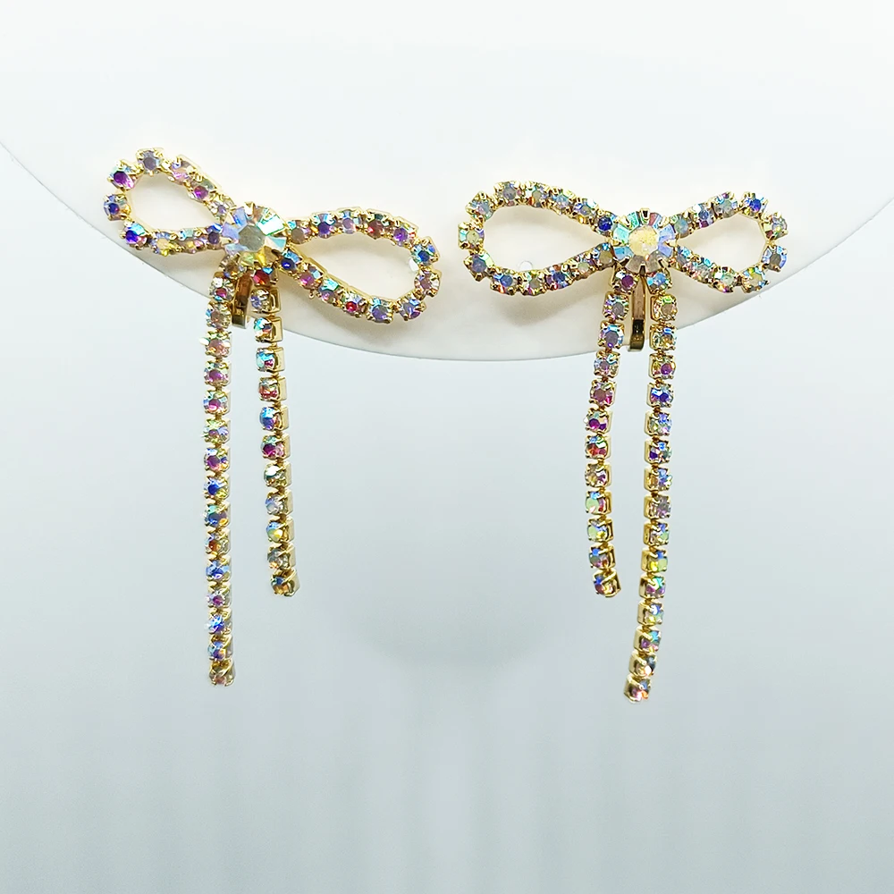 Classic Crystal Shiny Bow Knot Clip on Earrings Female Symmetrical Tassel Luxury Ear Clips Wedding Valentine's Day Jewelry Gift