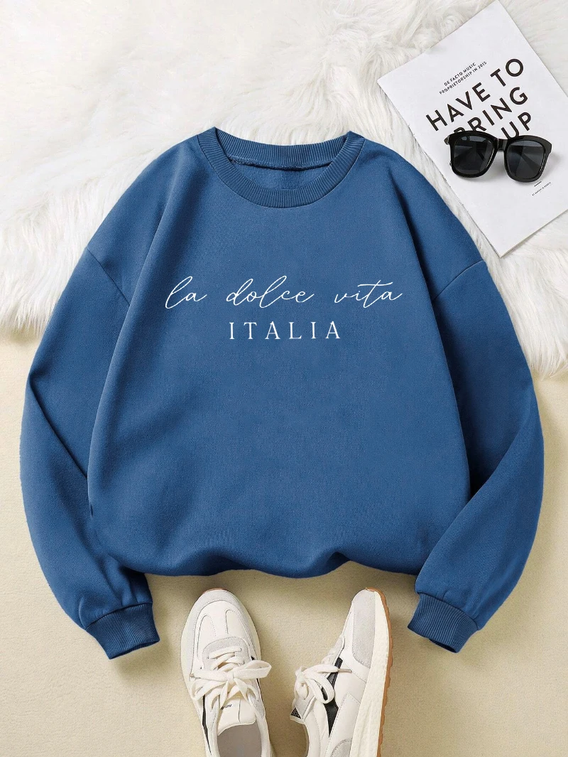 La Dolce Vita Italia Sudadera estampada para mujer Cuello redondo Y2K Ropa suelta Jersey informal multicolor Top de lana que combina con todo