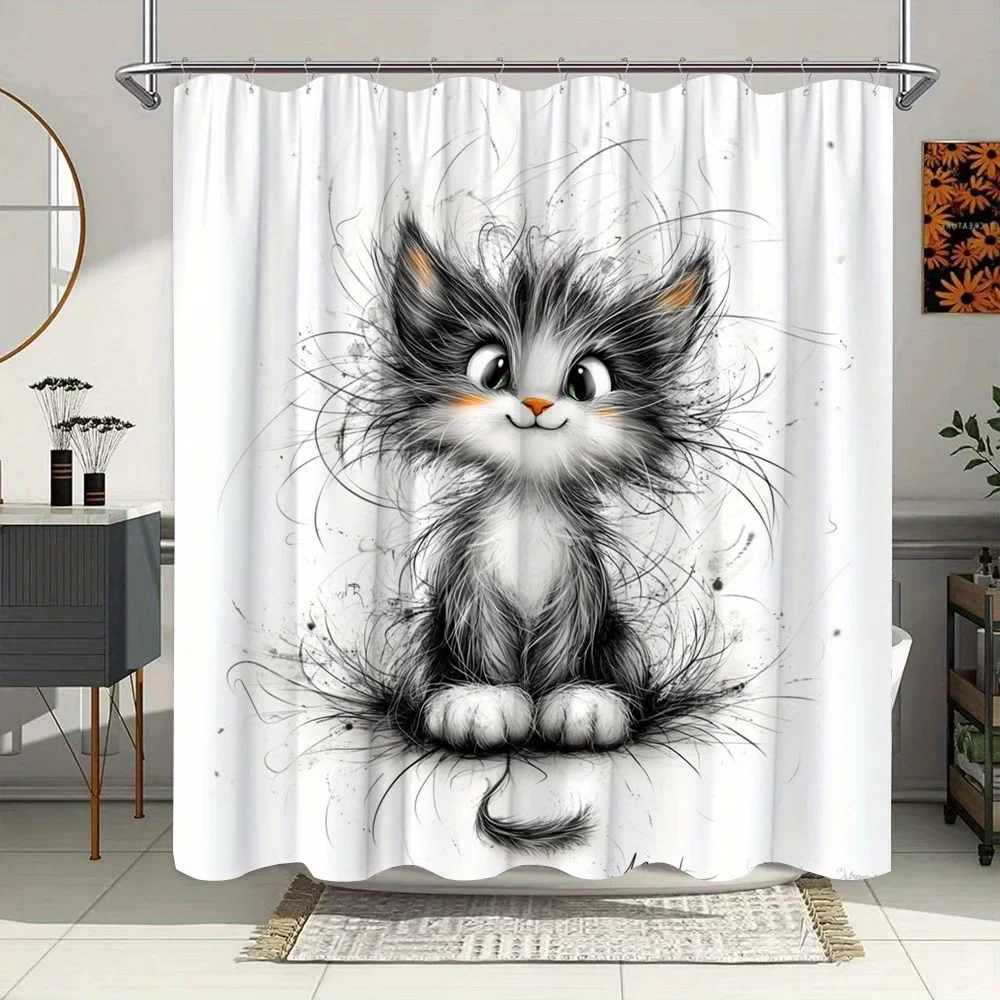 

Занавеска для душа «Котенок» — игривый черно-белый кот, зеленые глаза и оранжевый нос, цифровое искусство, полиэстер, 70x70 дюймов