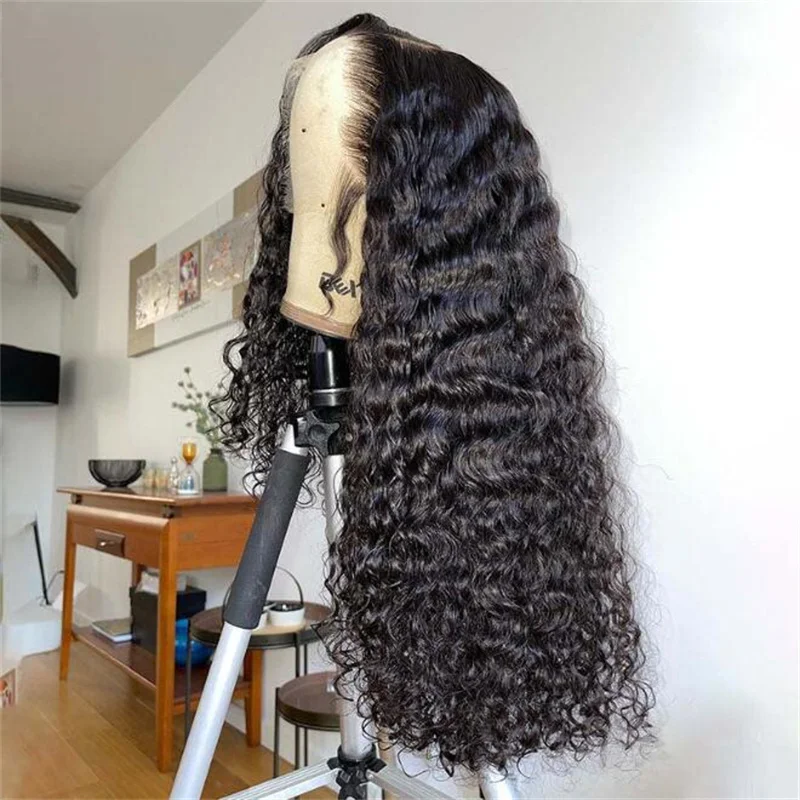 Peruca dianteira do laço encaracolado perverso pre-arrancado para mulheres negras, fibra macia, glueless, cabelo do bebê, longo, cor preta, 26 ", densidade de 180%