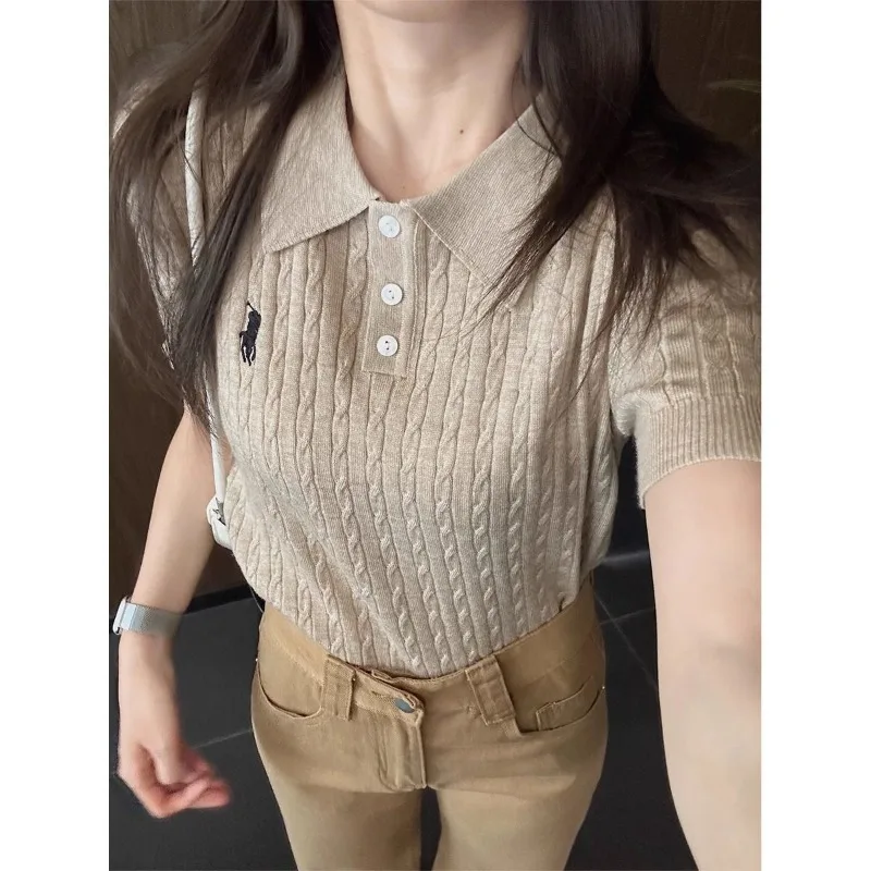 

Retro Embroidered Lapel Tshirt Women Wool High Street Button Casual Slim Polo T-shirts Version Multifunction Front Shoulder Tops