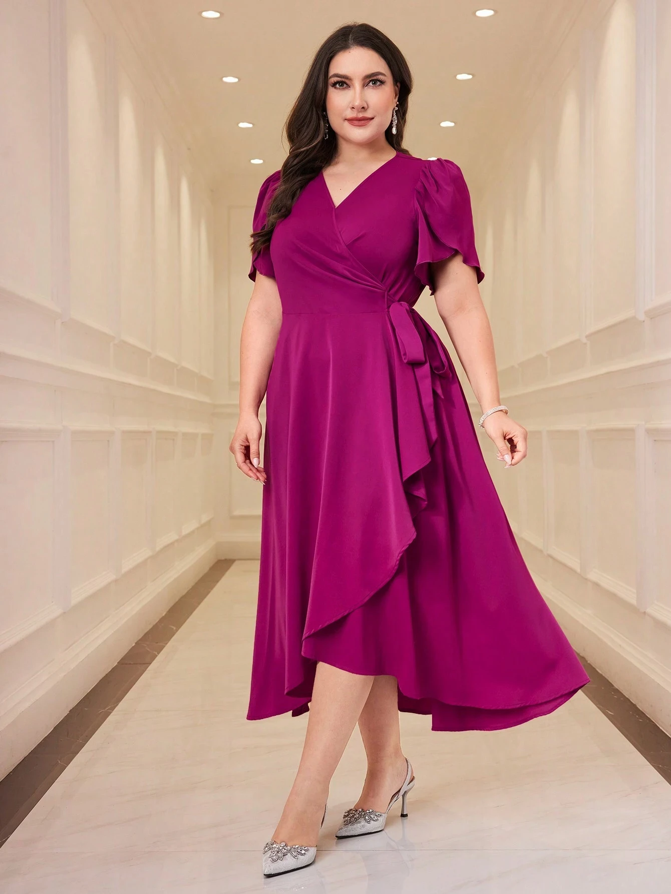 Ruffle Prom Dresses Butterfly Sleeves Split Asymmetrical Wedding Guest Dress V Neck Evening Party Gown Cocktail Dress Customized