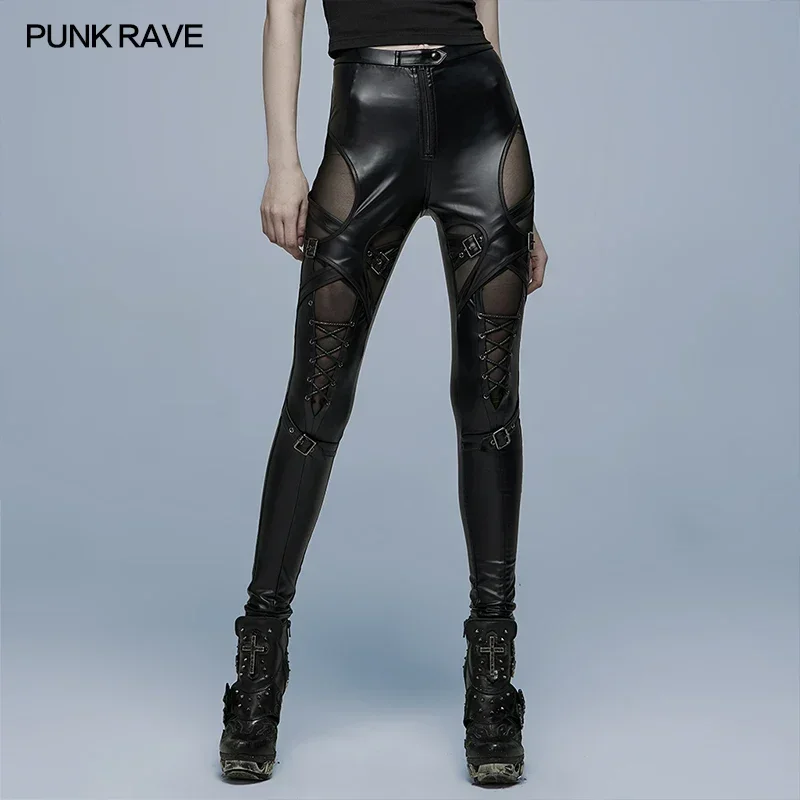 PUNK RAVE-Imitação Gótica de Couro com Malha, Leggings Pretas Simples, Calça Sexy, Splicing Charme, Moda Diária, Gótica