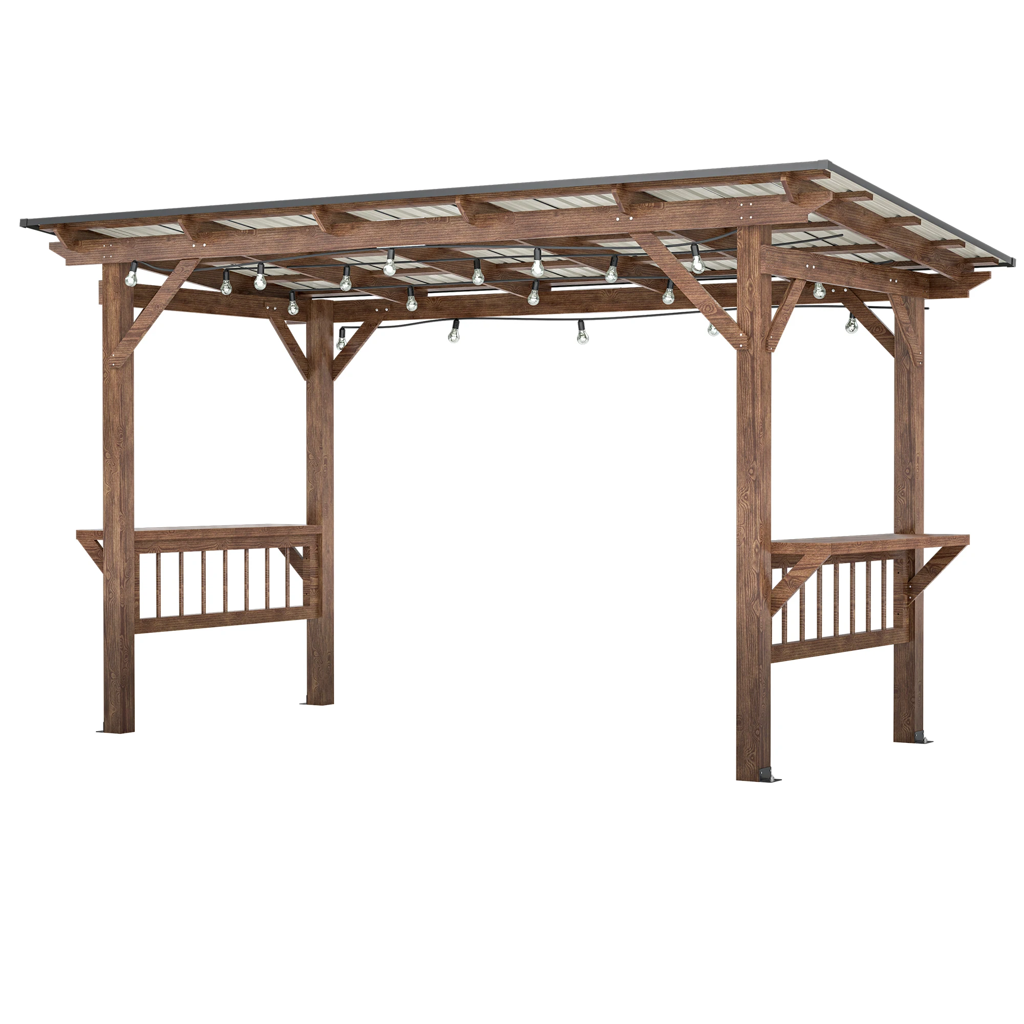 13x6.5 ft Heavy Duty Wooden Pergola Grill Gazebo Metal Roof Solid Wood Frame Bulbs Bar Counters Spacious Outdoor Patio Backyard Shade
