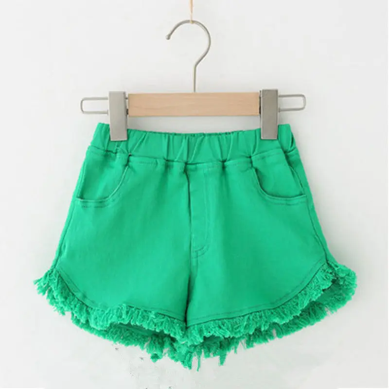 Shorts for Girls Candy Color Fashion Tassel Children Denim Elastic Waist Pants Jeans 2025 Summer Casual Teenage Short Pants 3-14