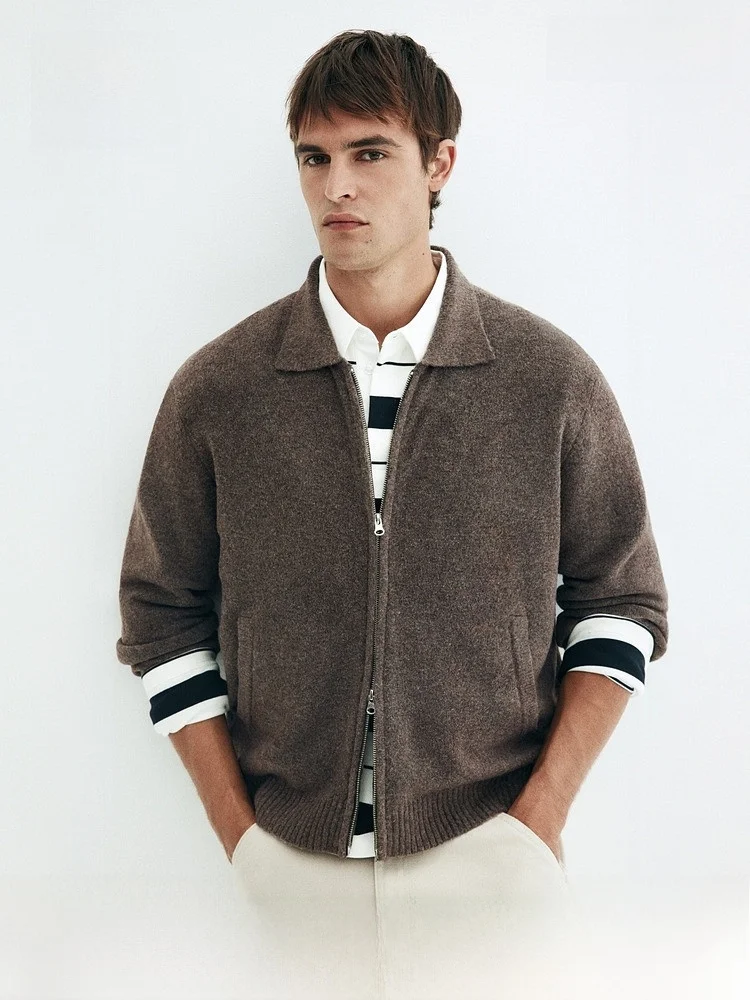 

H&M Весенний мужской кардиган стандартного кроя с отложным воротником 1300971, повседневный стиль, смесь полиэстера, акрила, шерсти и нейлона, молодежная мода