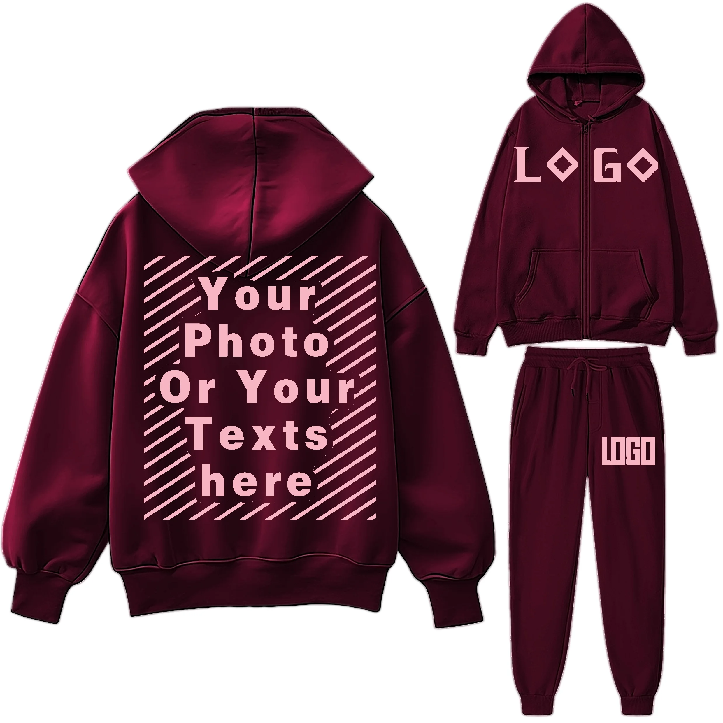 DIY Customize Your LOGO Tracksuit Suit Autumn Fashion Warm Hoodie Sweatshirts Two Pieces Oversized Solid Casual Hoody Pullovers