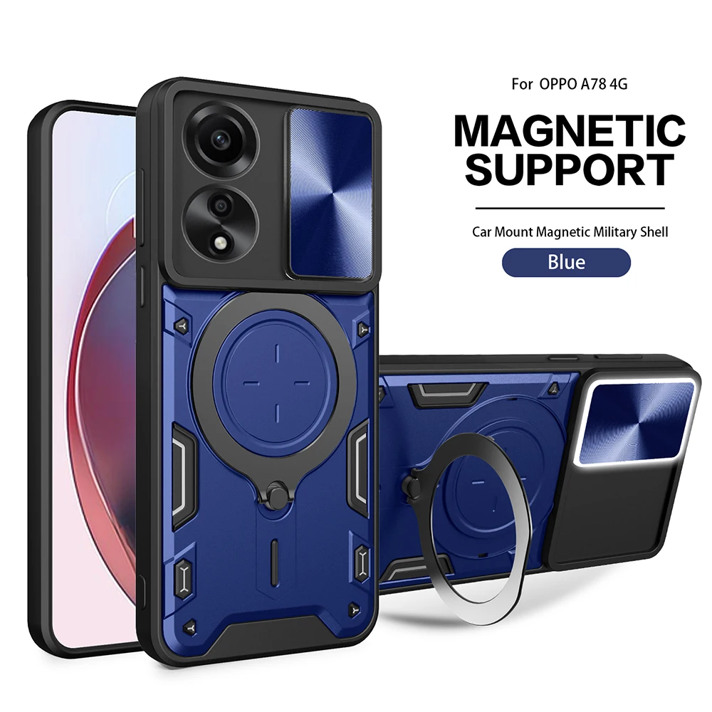 Luxury Slide Camera Case for Oppo A78 4G CPH2565 Car Mount Magnetic Holder Armor Shockproof Soft Edges Phone Cover for OppoA784G