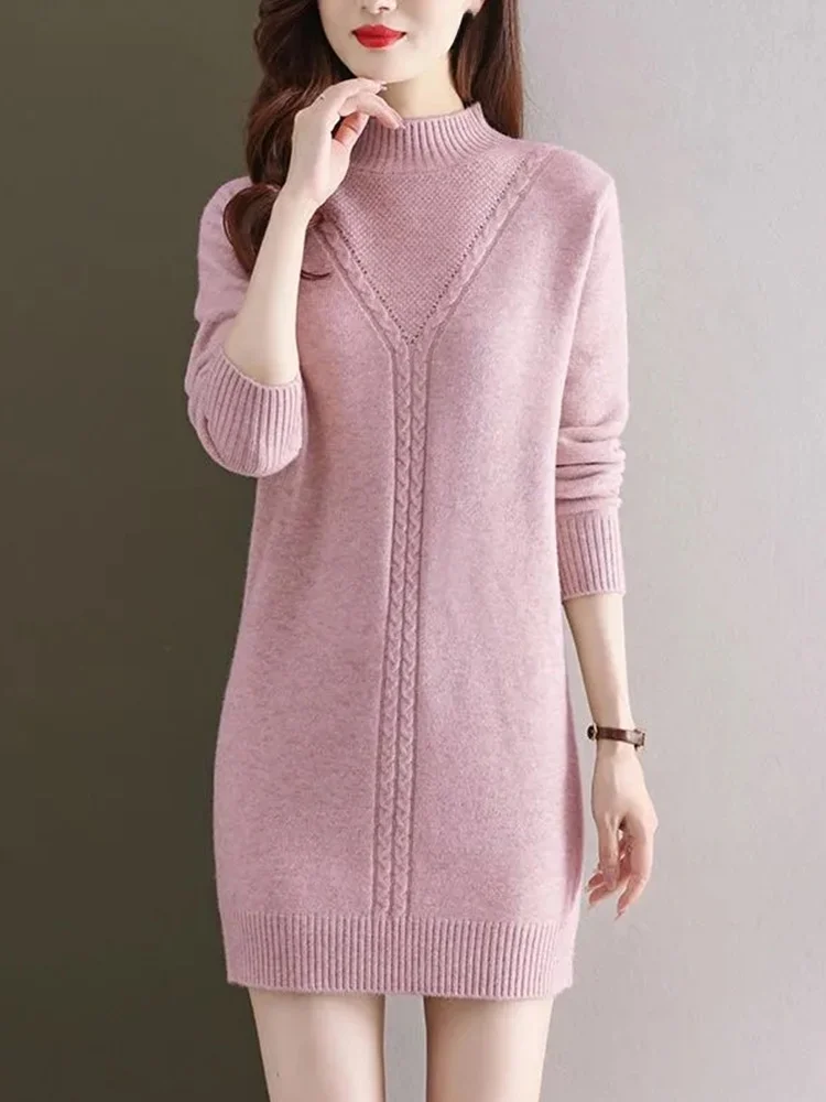 

Chic f-High Collar Mid-Length Sweater Women's Faionable Base Layer irt Long Sve Knitted Pure Color Autumn Winter Ne...