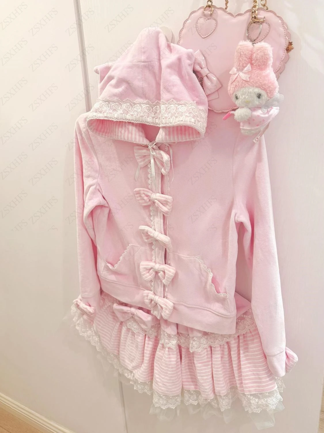 Japanese Sweet Lace Lolita Hoodies Coats Anime Funny Bows Cutecore Early Autumn Soft Hoody Sweet Cool Gyaru Aesthetic Y2k Hoodie