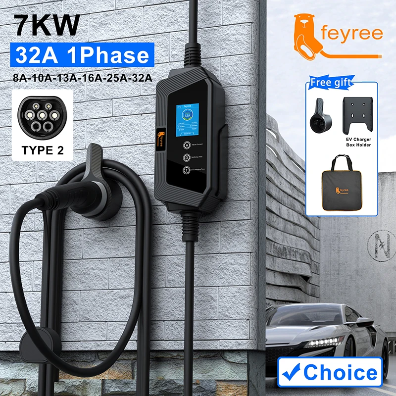 feyree Smart Portable EV charger Type2 Cable 32A 7KW Fast Charging for Electric Car with Adjusting Current Setting Charging Time