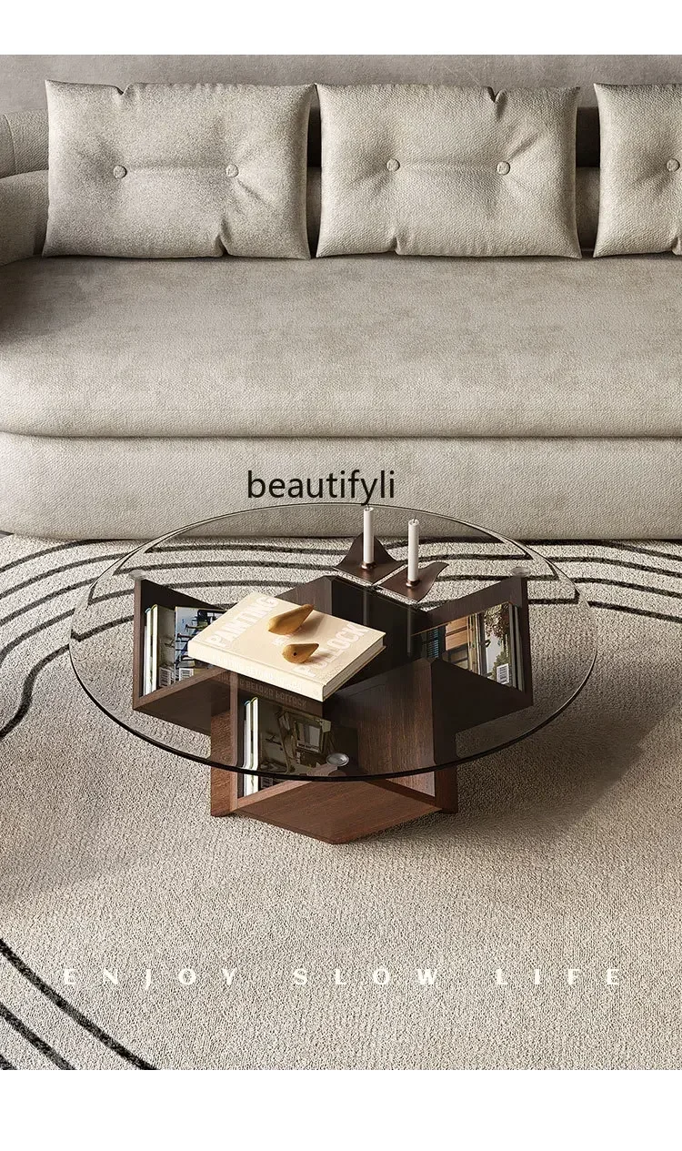 03.Wabi Sand Wind Minimalist Solid Wood Tempered Glass Coffee Table B & B Living Room Household Special-shaped Balcony Round