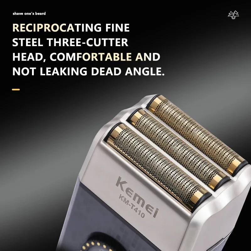 Kemei T410 Triple Blades Foil Head Shaver Electric Razor for Men Close Bald Head Barber Beard Trimmer Waterproof Shaving Machine