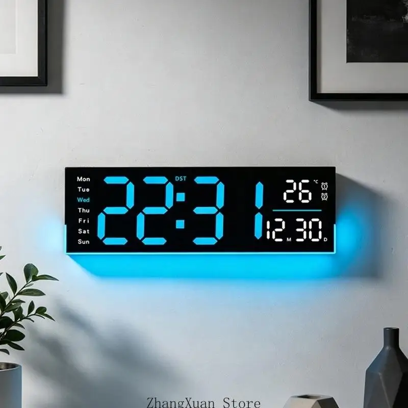 Large Screen LED Wall Clock with Temperature Display Ambients Glow Timer Function 3XUF