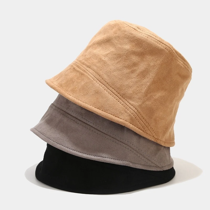 Solid Suede Bucket Hat, Unisex Casual Sun Cap, Winter Warm Outdoor Fisherman Hat for Men Women