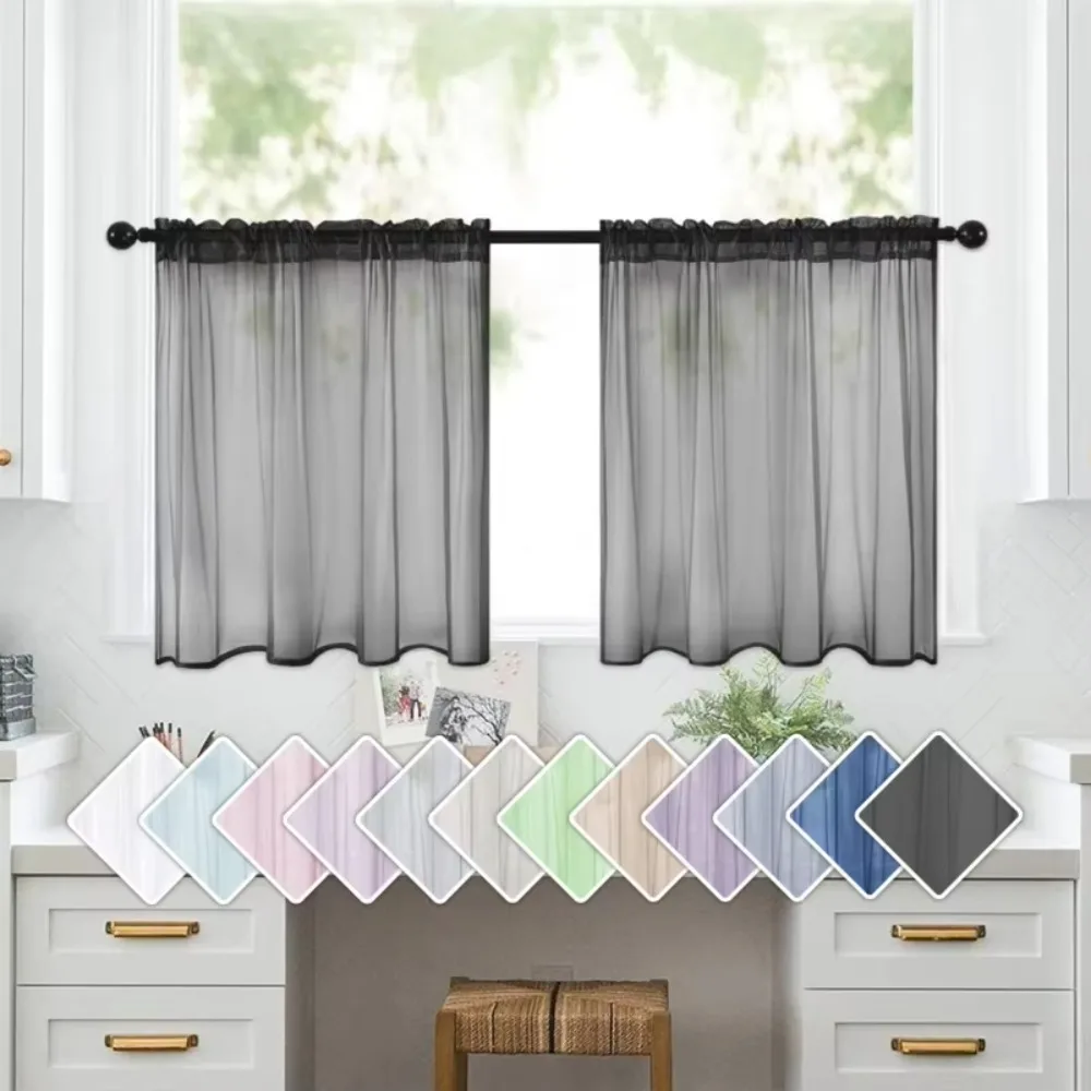 2Pcs Solid Color Transparent Terylene Gauze Short Curtains Sheer Window Curtains for Kitchen Bathroom Living Room Home Decor