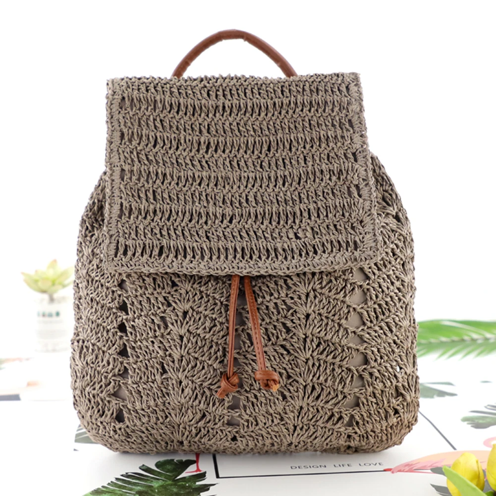 

Fashion Straw Shoulders Backpack Woven Women Beach Holiday Bucket Purse Bag Casual Travel Handbags for Women