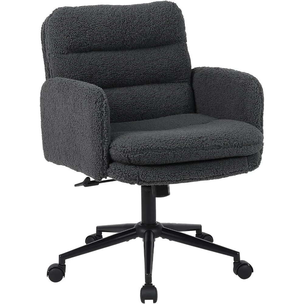 

upholstered home office chair, faux cashmere modern mid back computer desk chair with wheels, ergonomic, adjustable height, grey