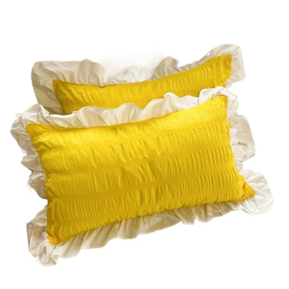 2PCS Household Candy Color Ruffle Pillow Case Nordic Style Soft Bedding Cover Decorative Comfortable Pillow Towel Girls Bedroom